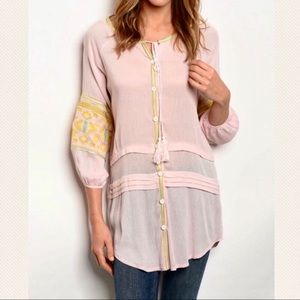 Lilou soft pink boho tribal embroidered button top